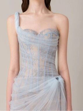 One-Shoulder Sheer Lace Corset Dress in Light Blue
